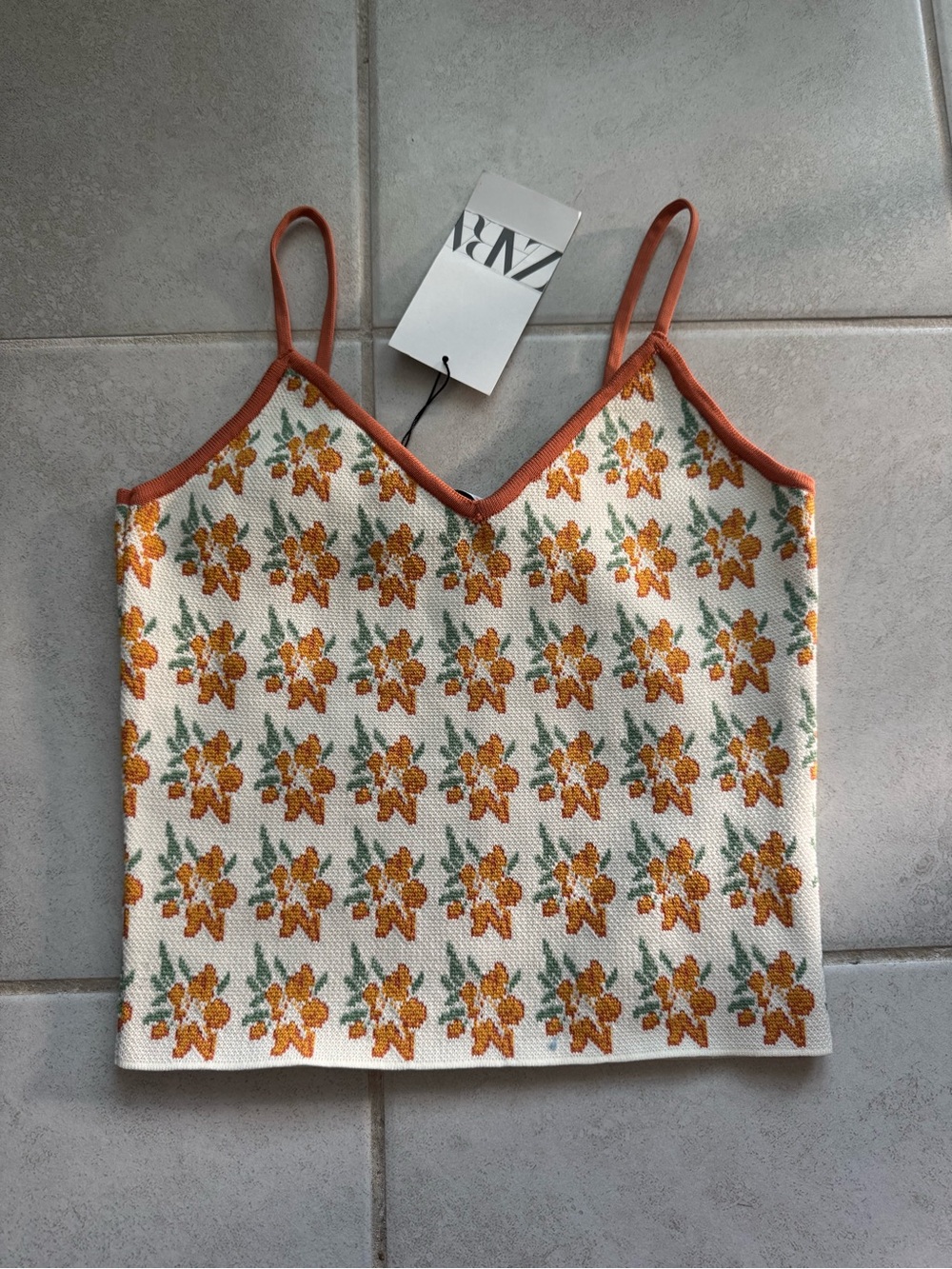 Zara Cream Floral Knit Cami Sz Small